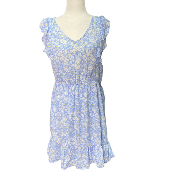 COLLECTIVE CONCEPTS | sz L Women's Blue/White Floral Ruffled Flounce Mini Dress - Picture 1 of 7